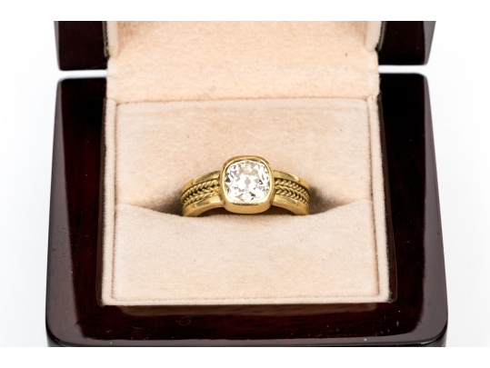 18k Yellow Gold Gorgeous Handmade Ring With Bezel Set Diamond, Size 5.75