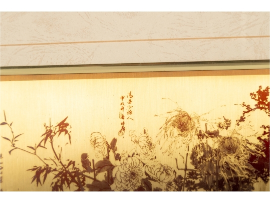 Framed Asian Etched Metal Artwork Of Chrysanthemums