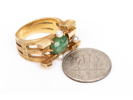 10k Yellow Gold Vintage Brutalist Style Nephrite Jade And Seed Pearl Set Ring, Size 4.75