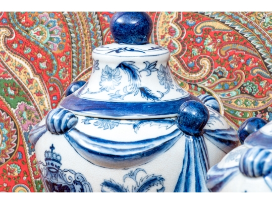 Pair Of Decorative Chinese Export Armorial Lidded Urns
