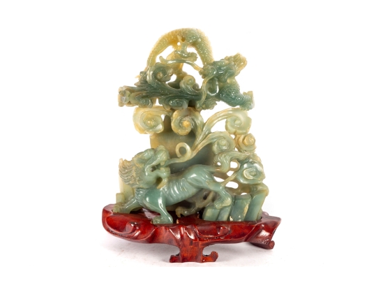 Carved Green Jade Dragon And Qilin Sculpture On Wood Base