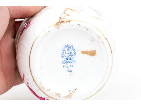 Herend Hungary Hand-Painted Porcelain Lidded Sugar Bowl, Raspberry Chinese Bouquet Pattern