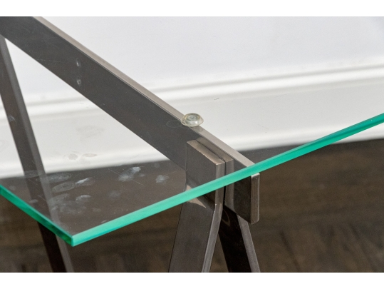 Chrome Framed Glass Top Desk With Sawhorse Form Pedestals