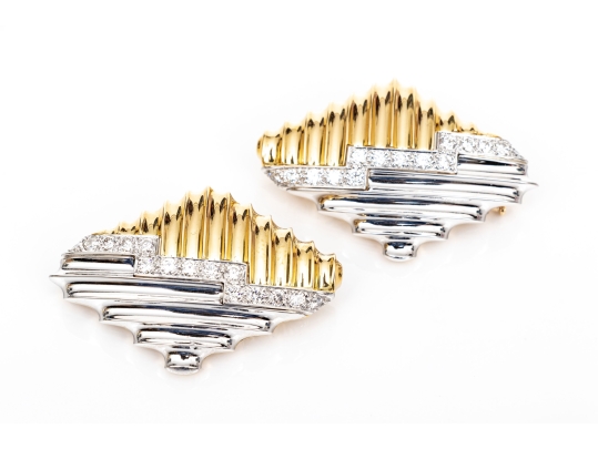 Michael Bondanza Platinum, 18k And Diamond Pair Of Opposing Deco Style Brooches, App. 1.20 TCW