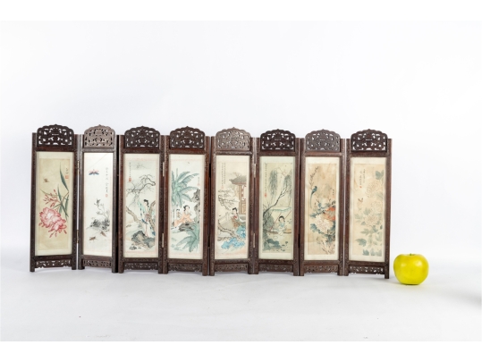 Vintage Chinese Folding Table Screen With Hand-Painted Scenes