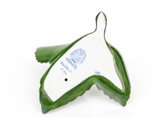 Herend Hungary Hand-Painted Porcelain, Tiny Bunny Rabbit On A Leaf 