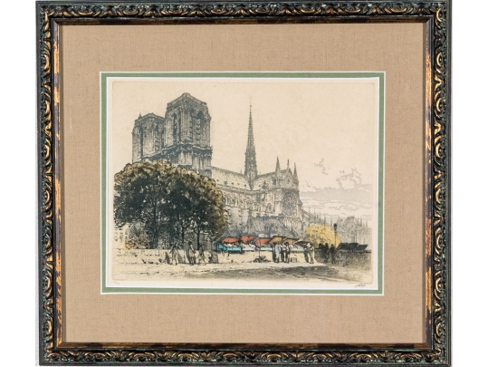 J. Wolf, Hand-Colored Etching, Notre Dame Paris On The Seine