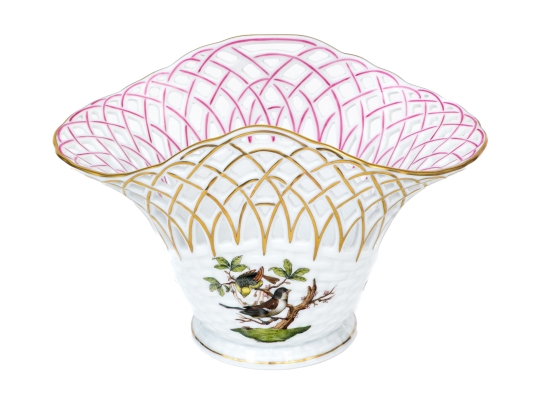 Rare Herend Hungary Hand-Painted Porcelain Openwork Basket Vase, Rothschild Bird (RO) Pattern