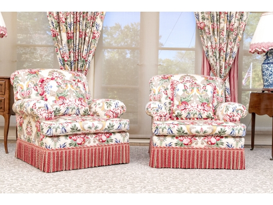 Lavish Pair Of Custom Upholstered Chairs With Bullion Fringe