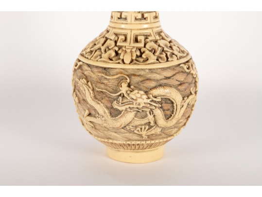 Chinese Carved Celluloid Vase With Dragon And Flower Motifs