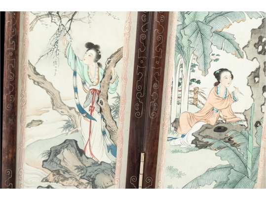 Vintage Chinese Folding Table Screen With Hand-Painted Scenes