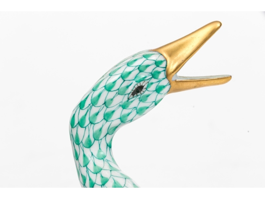 Herend Hungary Hand-Painted Porcelain Goose Figure, Green Fishnet Pattern With Polychrome Wings