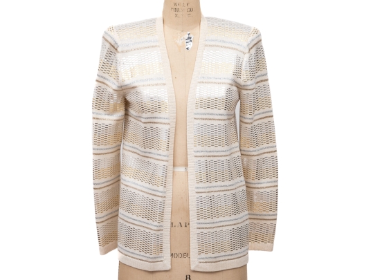 St. John Ivory White Cardigan With Gold & Silver Toned Accents, Size 10