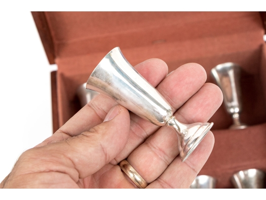 Set Of Eight Vintage Cartier Sterling Silver Liquer Cups, Cased    5.850 Troy Ozs. 