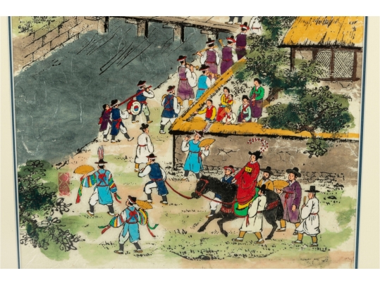 Framed Korean Folk Painting On Mulberry Paper