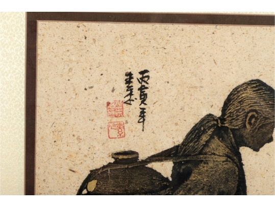 Pair Of Framed Asian Ink Drawings On Textured Paper