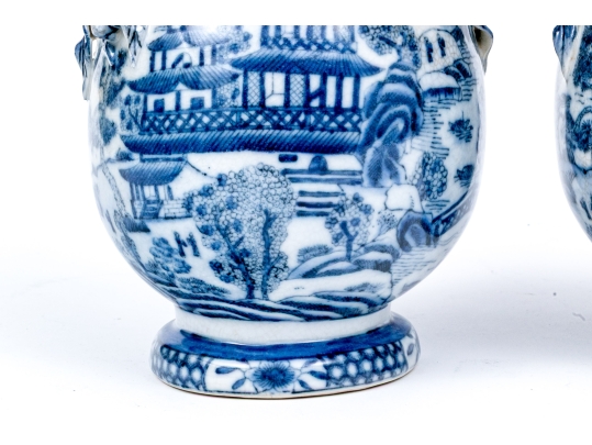 Pair Of Decorative Chinese Export Style Blue And White Porcelain Vases 