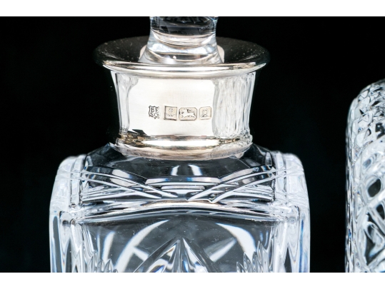 Group Of Three English Cut Glass Decanters Or Perfumes With Sterling Silver Collars