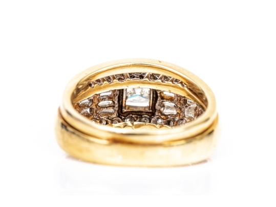 14k Radiant, Cut, Round And Baguette Diamond Ring With Attached Band, App. 1.02 TCW, Size 4.5