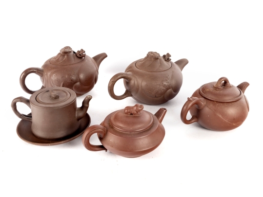 Collection Of Five Traditional Chinese Yixing Zisha Clay Teapots