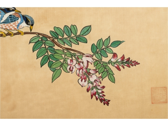 Framed Asian Painting On Silk Of Blue Jays And Blossoms