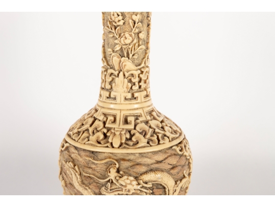 Chinese Carved Celluloid Vase With Dragon And Flower Motifs