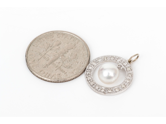 14k White Gold Pretty Diamond Halo And Cultured Pearl Set Pendant, App. 0.09 TCW