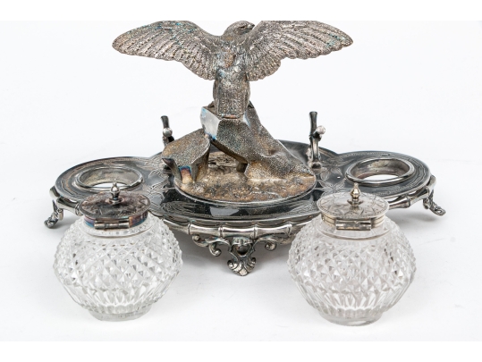 English Silver Plated Inkwell With Two Crystal Inkwells