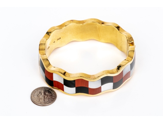 Tiffany & Co. 18k Yellow Gold Angela Cummings Wonderful Inlaid Wave Bangle, With Box