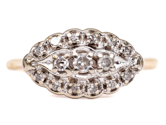 14k Gold Vintage Horizontal Navette Profile Diamond Set Cluster Ring, App. 0.15 TCW, Size 9.25