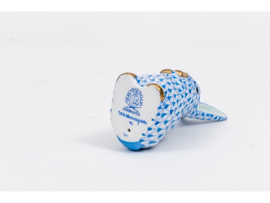 Herend Hungary Hand-Painted Porcelain Rabbit, Blue Fishnet Pattern