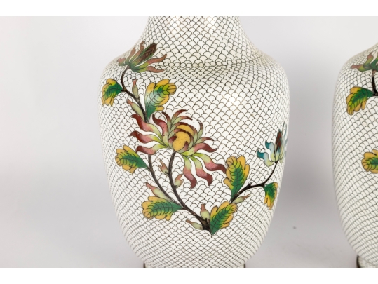 Pair Of Vintage White Cloisonné Floral Vases