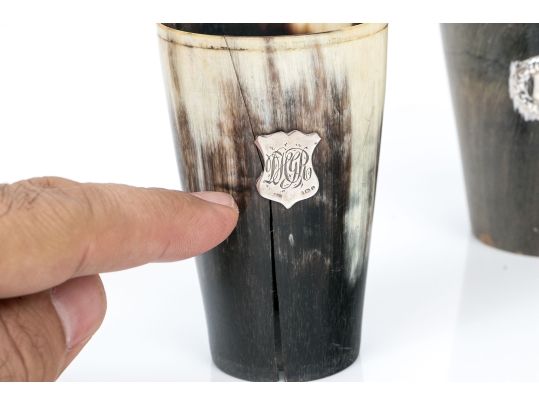 Antique English Collection Of Three Carved Horn Horn Cups, Sterling Mounted 
