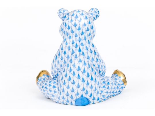 Herend Hungary Hand-Painted Porcelain Sitting Bear, Blue Fishnet Pattern