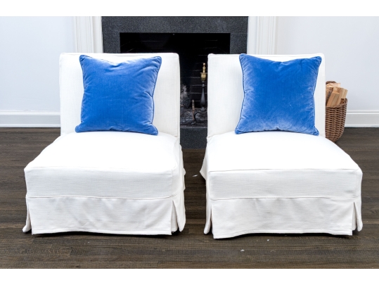 Attrib. Ralph Lauren Pair Of Slipcovered Mohair Upholstered Slipper Chairs