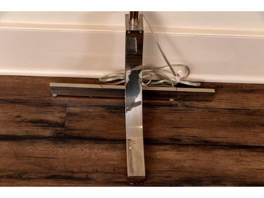 Quality Pair Of Chrome Framed Floor Lamps With Opaque Glass Shades