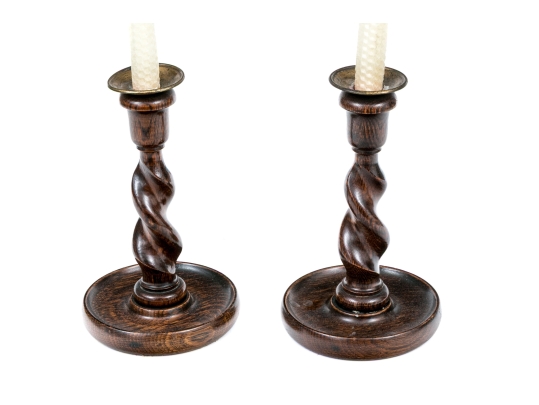 Pair Of Oak And Brass Barley Twist Candlesticks