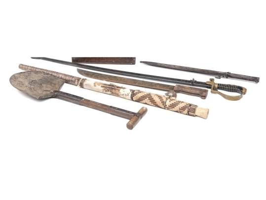 Lot: Shovel, Blowgun, Machete, Sword And Bayonet 