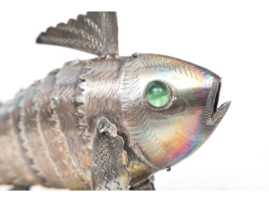 Vintage Sterling Silver Articulating Fish With Green Glass Eyes