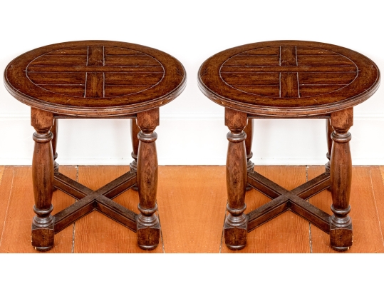 Pair Of Bausman Carved And Finished Circular End Tables