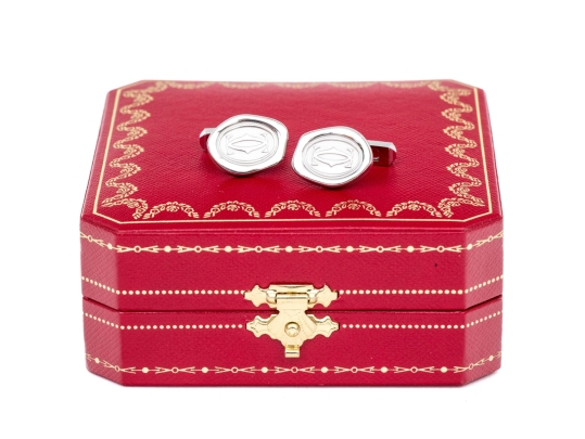 Cartier Sterling Silver Promotional Wax Seal Logo Motif Cufflinks, With Box 