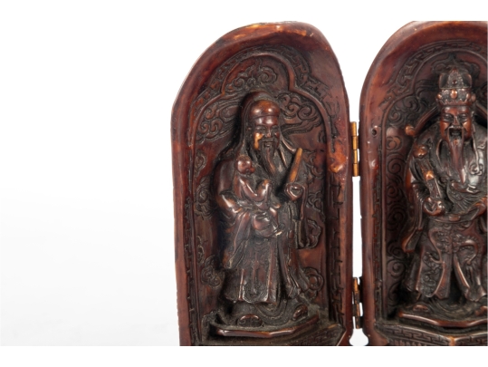 Antique Chinese Carved Triptych Travel Shrine Featuring Fu Lu Shou