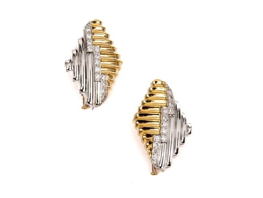 Michael Bondanza Platinum, 18k And Diamond Pair Of Opposing Deco Style Brooches, App. 1.20 TCW