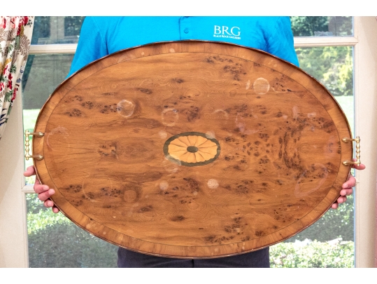 Antique Marquetry And Satinwood Banded Twin Handled Oval Tray