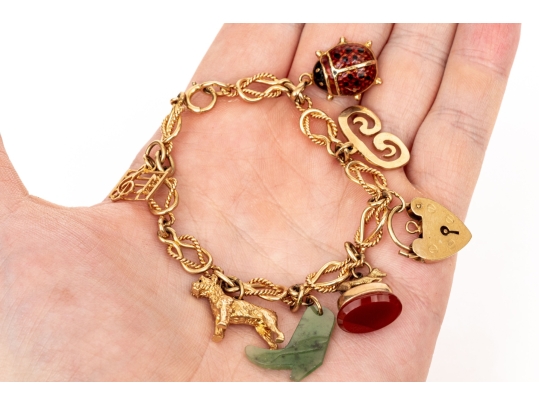 14k Yellow Gold Fun Rope Motif Vintage Charm Bracelet, With 14k And 9k Assorted Charms