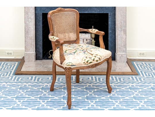 French Louis XV Style Upholstered Fauteuil With Cane Back