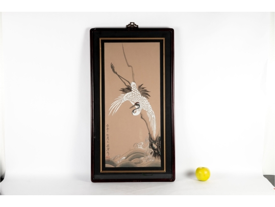 Pair Of Framed Asian Paintings On Silk Of Cranes