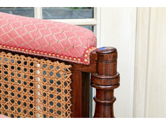 Mahogany And Cane Custom Upholstered Accent Armchair