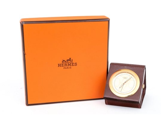 Hermes Diminutive Travel Alarm In Leather Case, Boxed