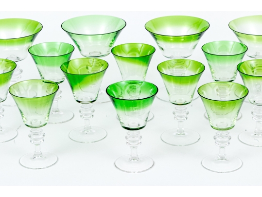 Set Of Fifteen Green Trimmed Stemware